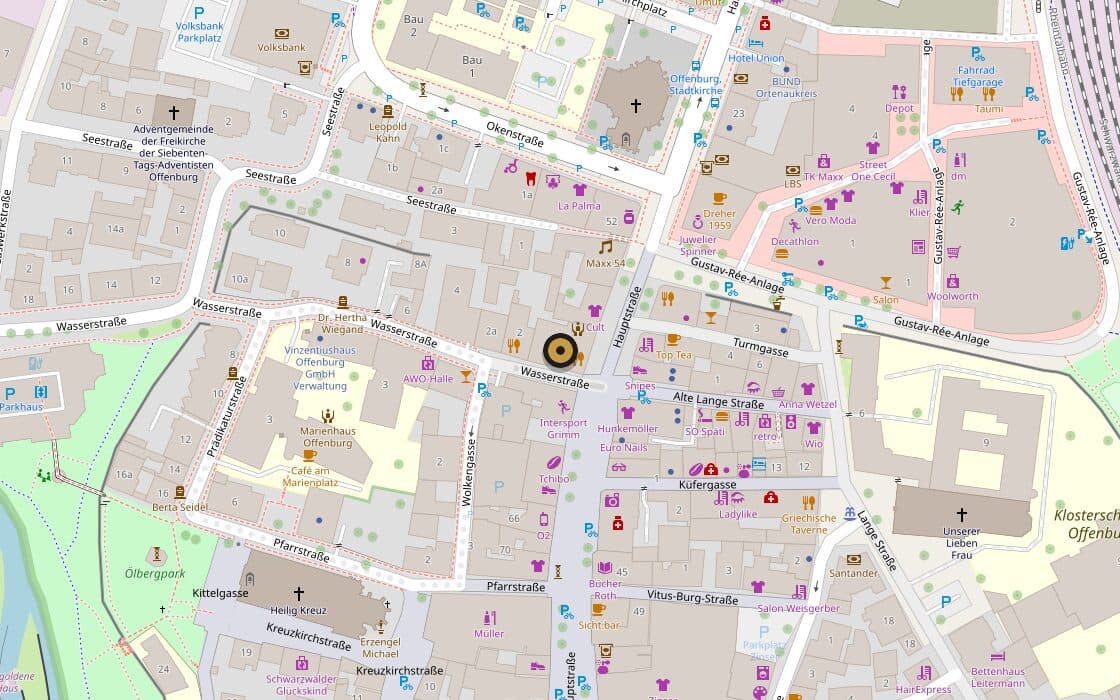 Stadtplan der Offenburger Innenstadt mit Markierung der Brasserie Engel an der Hauptstraße 58